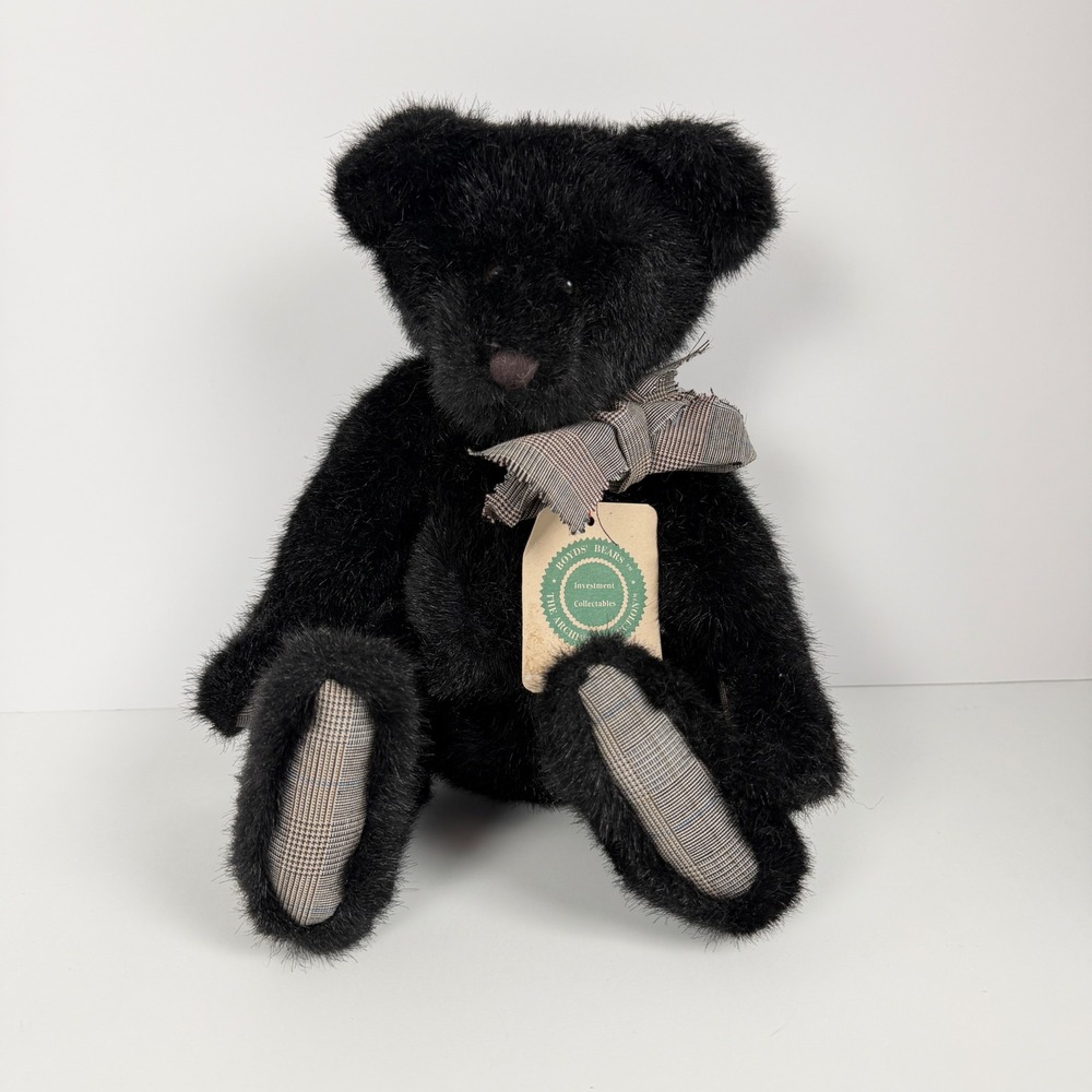 Vintage Boyds Bears Archive Black Jointed Teddy Bear Plaid Bow 8"
